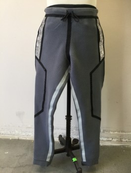 NIKE, Gray, Black, Silver, Chrome Metallic, Bronze Metallic, Polyester, Geometric, Thick Polyester Jersey Track Pant Turned Inside Out, Heat Fused Ribbon Details in Black and Silver, Honey Comb Texture, Drawstring Waistband, Zip Ankles