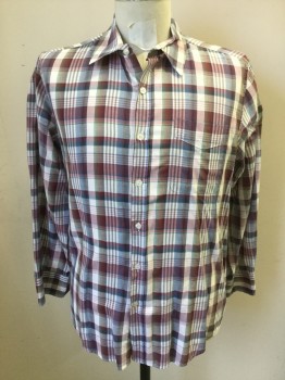 BARNEYS CO OP, Maroon Red, White, Navy Blue, Green, Cotton, Linen, Plaid, Button Front, Collar Attached, Long Sleeves, 1 Pocket