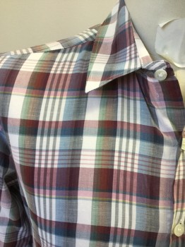 BARNEYS CO OP, Maroon Red, White, Navy Blue, Green, Cotton, Linen, Plaid, Button Front, Collar Attached, Long Sleeves, 1 Pocket