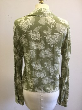 BANANA REPUBLIC, Pea Green, White, Rayon, Floral, Button Front, Collar Attached, Notched Lapel, Long Sleeves, Cuff, 2 Pockets