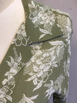 BANANA REPUBLIC, Pea Green, White, Rayon, Floral, Button Front, Collar Attached, Notched Lapel, Long Sleeves, Cuff, 2 Pockets