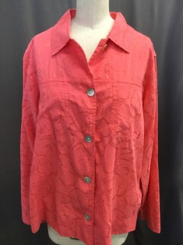DENIM & CO, Coral Orange, Cotton, Polyester, Solid, Self Crinkled Texture, Button Front, Collar Attached, Long Sleeves, Patch Pockets