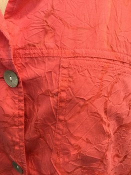 DENIM & CO, Coral Orange, Cotton, Polyester, Solid, Self Crinkled Texture, Button Front, Collar Attached, Long Sleeves, Patch Pockets