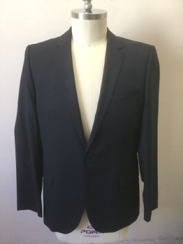 HUGO BOSS, Navy Blue, Wool, Spandex, Solid, Dark Navy, Single Breasted, Notched Lapel, 2 Buttons, 3 Pockets