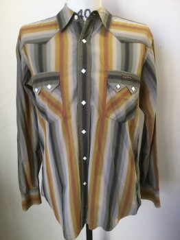 Mens, Western, LUCKY BRAND, Mustard Yellow, Orange, Beige, Slate Blue, Olive Green, Cotton, Stripes, L, Diamond Snap Front, Long Sleeves, Collar Attached, Pocket Flap,