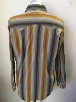 LUCKY BRAND, Mustard Yellow, Orange, Beige, Slate Blue, Olive Green, Cotton, Stripes, Diamond Snap Front, Long Sleeves, Collar Attached, Pocket Flap,