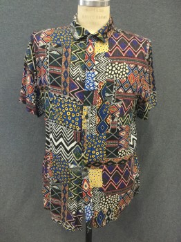COTTON ON, Red, Blue, Black, White, Yellow, Viscose, Abstract , Patchwork, Button Front, Collar Attached, Short Sleeves, 1 Pocket