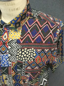 COTTON ON, Red, Blue, Black, White, Yellow, Viscose, Abstract , Patchwork, Button Front, Collar Attached, Short Sleeves, 1 Pocket
