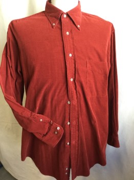FACONNABLE, Dk Orange, Cotton, Solid, Corduroy, Collar Attached, Button Down, 1 Pocket, Long Sleeves,