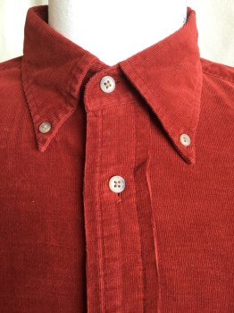 FACONNABLE, Dk Orange, Cotton, Solid, Corduroy, Collar Attached, Button Down, 1 Pocket, Long Sleeves,