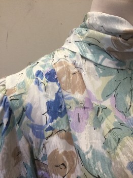 EVA LAUREL, Off White, Sea Foam Green, Lavender Purple, Cornflower Blue, Beige, Polyester, Floral, Abstract , Off White with Watercolor Pastel Floral Pattern, Silky Polyester, Long Sleeves, Buttons in Back, Puffy Gathered Sleeves, Cowl Neck in Front with Hanging Ties/Panels in Back,