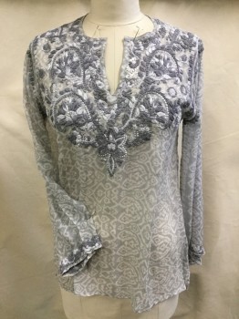 NO LABEL, Lt Gray, Gray, White, Silk, Paisley/Swirls, Floral, Light Gray with Gray Paisley and Gray/white Embroidery Floral Work, Split Round Neck,  Long Sleeves, Side Split Hem