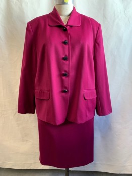 Womens, Suit, Jacket, SAVILLE, Cranberry Red, Wool, Solid, B 56, 24W, Single Breasted, Rounded Shawl Collar, 5 Black Textured Buttons, 2 Flap Pockets