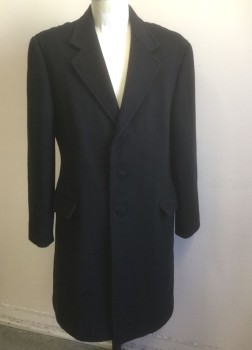 Mens, Coat, Overcoat, N/L, Black, Wool, Solid, 40, Single Breasted, Notched Lapel, 3 Buttons, 2 Pockets, Solid Black Lining