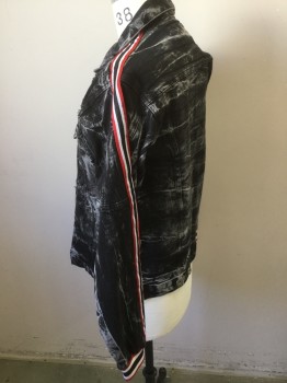 Mens, Casual Jacket, FOCUS, Black, Gray, Red, White, Cotton, Solid, Stripes, S, Acid Washed Denim, Distressed, Red/white/black Ribbon Stripe on Arms, Button Front, Collar Attached, Zipper Pockets