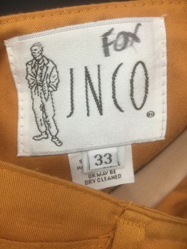 JNCO, Pumpkin Spice Orange, Rayon, Polyester, Solid, Dropped Waist with Double Pleats Below Pockets, Zip Fly, 3 Pockets, Full Leg Tapered Slightly at Hem,