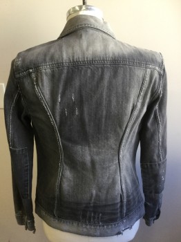 Mens, Jean Jacket, ALL SAINTS, Gray, Cotton, Solid, 38, Small, Snap Front, 1 Patch Pocket,  Aged/Distressed,  Beat Up Cuffs, Rectangle Elbow Patches