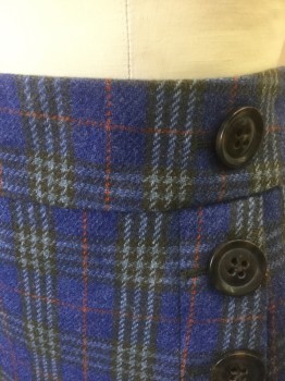 Womens, Skirt, Mini, GAP, Cornflower Blue, Olive Green, Gray, Tomato Red, Wool, Viscose, Plaid-  Windowpane, 0, Cornflower Blue with Olive/Gray/Tomato Windowpane Plaid, 2 Vertical Rows of Dark Brown Decorative Buttons, 2" Wide Self Waistband, 2 Welt Pockets in Back, Hem Mini, Center Back Invisible Zipper