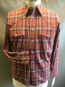 Mens, Western, WRANGLER, Red, Navy Blue, White, Yellow, Cotton, Plaid, 16.5, Large, 34/35, Snap Front, 2 Pockets,