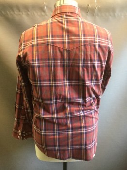 Mens, Western, WRANGLER, Red, Navy Blue, White, Yellow, Cotton, Plaid, 16.5, Large, 34/35, Snap Front, 2 Pockets,