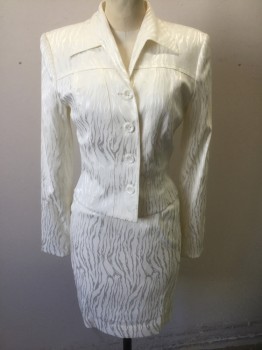 Womens, 1990s Vintage, Suit, Jacket, ALBERTO MAKALI, Off White, Rayon, Polyester, Animal Print, B:34, Sz 2, W:24, Jacquard Tiger Stripes, Single Breasted, Collar Attached, 4 Buttons, Horizontal Yoke Across Upper Chest, Padded Shoulders, Boxy Short Waisted Fit,