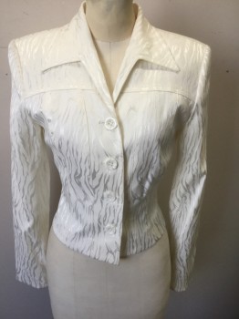 Womens, 1990s Vintage, Suit, Jacket, ALBERTO MAKALI, Off White, Rayon, Polyester, Animal Print, B:34, Sz 2, W:24, Jacquard Tiger Stripes, Single Breasted, Collar Attached, 4 Buttons, Horizontal Yoke Across Upper Chest, Padded Shoulders, Boxy Short Waisted Fit,