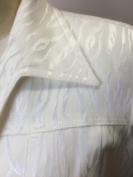 ALBERTO MAKALI, Off White, Rayon, Polyester, Animal Print, Jacquard Tiger Stripes, Single Breasted, Collar Attached, 4 Buttons, Horizontal Yoke Across Upper Chest, Padded Shoulders, Boxy Short Waisted Fit,
