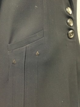 L.S.AYVES & CO, Navy Blue, Wool, Rayon, Solid, Middle Class. Long Line Collar with Notched Lapel, 3 Button Single Breasted, 2 Pockets with Tuck Pleat Detail and Arrow Shaped Embroidery, Also at Back Hemline. Shoulder Burn See Close Up Photo. Floral Design on Cuff Buttons,