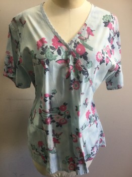 LIFE, Ice Blue, Fuchsia Pink, Navy Blue, Mint Green, Poly/Cotton, Floral, Insects Print, Short Sleeves, V-neck, Faux Surplus, 2 Pockets, Ties Center Back,