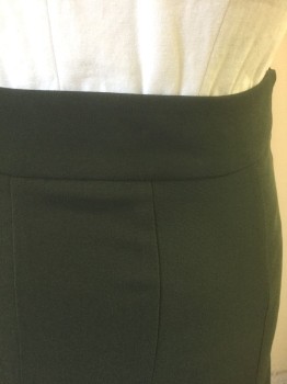 RENA ROWAN, Dk Olive Grn, Polyester, Solid, A-Line, Vertically Panelled Throughout, 2" Wide Self Waistband, Invisible Zipper at Side,