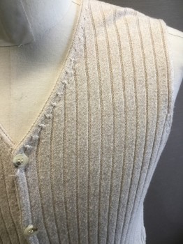 Mens, Sweater Vest, NORTH 44 Degrees, Oatmeal Brown, Viscose, Wool, Heathered, Medium, Rib Knit, 6 Buttons, 2 Pockets,