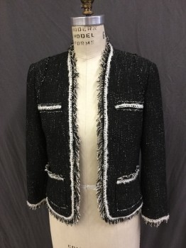 Womens, Blazer, REBECCA TAYLOR, Black, White, Poly/Cotton, Rayon, Speckled, 2, Black & White Home Spun Tweed, Self Fringe Trim with White Eyelash Yarn and Silver Chain, Open Front, 2 Pockets,