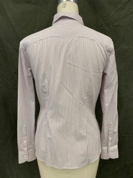 BROOKS BROTHERS, White, Black, Pink, Cotton, Stripes, Button Front, Collar Attached, Long Sleeves, Button Cuff, Fitted