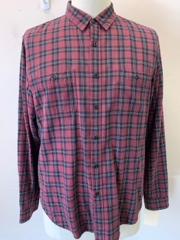 JCREW, Red Burgundy, Black, White, Cotton, Plaid, Herringbone, Plaid with a Herringbone Weave, Long Sleeves, Button Front, Collar Attached, 2 Pockets,