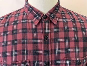 JCREW, Red Burgundy, Black, White, Cotton, Plaid, Herringbone, Plaid with a Herringbone Weave, Long Sleeves, Button Front, Collar Attached, 2 Pockets,