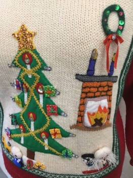 NL, Red, Cream, Green, Yellow, Gold, Acrylic, Holiday, KNIT with RIBBED COLLAR, CUFFS and HEM. CHRISMAS TREE with ORNAMENTS, FIREPLACE, KIDS ,CAR APPLIQUES.