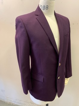 VERSACE, Aubergine Purple, Wool, Solid, 2 Fancy Button Front, Notched Lapel, 3 Pockets,