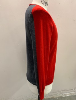 Mens, Pullover Sweater, PAUL SMITH, Red, Gray, Wool, Color Blocking, Solid, M, Front is Red, Back is Gray, Knit, Long Sleeves, Crew Neck