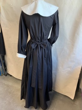 Womens, Historical Fiction Dress, MTO, Black, White, Cotton, Color Blocking, 27, 34, Puritan Dress, Black with Large White Collar Attached & Long Sleeves Cuffs, Button Front, Gathered Long Skirt