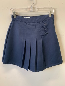 Childrens, Skirt, FRENCH TOAST, Navy Blue, Polyester, Solid, Junior, Sz. 7 , W:27, Skort, 4 Pleats at Center Front, 3 Tabs with Button Detail at Front, Hem Above Knee, Side Zipper