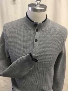 BROOKS BROTHERS, Gray, Navy Blue, Cotton, Basket Weave, Long Sleeve, 3  Buttons, Mock Rib Knit  Neck,  Navy Trim on Collar and Cuffs,
