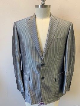 GIORGIO CAVALLI, Silver, Black, Wool, Stripes - Pin, Sharkskin, Single Breasted, Peaked Lapel, 2 Buttons, 3 Pockets, Gray Lining
