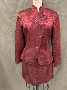 Womens, 1990s Vintage, Suit, Jacket, ALBERT NIPON, Red Burgundy, Wool, Silk, Solid, B 36, 4, W 26, Asymmetrical Single Breasted, Mandarin Collar, Pleated at Princess Seams, Square Bronze Buttons with Pink Gems,