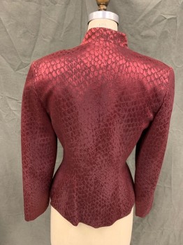 ALBERT NIPON, Red Burgundy, Wool, Silk, Solid, Asymmetrical Single Breasted, Mandarin Collar, Pleated at Princess Seams, Square Bronze Buttons with Pink Gems,