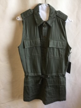 Womens, Romper, FOREVER 21, Olive Green, Cotton, Herringbone, Stripes - Vertical , S, Collar Attached, Hidden Large Brass Button Front, Epaulettes, 4 Pockets Front with Flap and 2 Pockets Back,  Sleeveless, Self D-string Waist