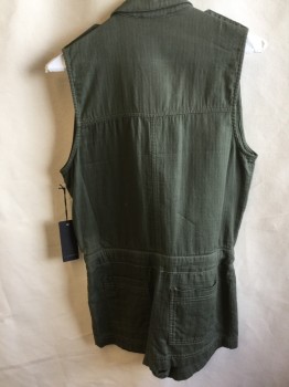 Womens, Romper, FOREVER 21, Olive Green, Cotton, Herringbone, Stripes - Vertical , S, Collar Attached, Hidden Large Brass Button Front, Epaulettes, 4 Pockets Front with Flap and 2 Pockets Back,  Sleeveless, Self D-string Waist