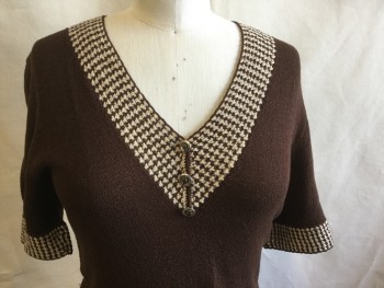 Womens, Dress, N/L, Dk Brown, Cream, Silver, Wool, Acrylic, Solid, W:28, B:36, Dark Brown Knit, with 2" Cream with Silver Abstract Pattern on V-neck and 1.5" Short Sleeves Hem, 3 Silver Button on Collar Trim, Large Pleat Skirt, 3/4 Length