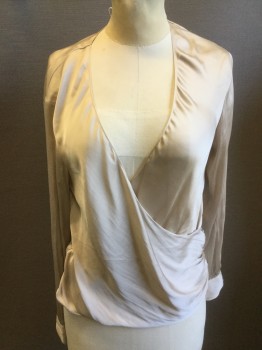 H&M, Beige, Polyester, Solid, Silky Champagne, Long Sleeves, Wide Cuffs, Cross Over  Draped Bust, Gathered Detail at Buttons