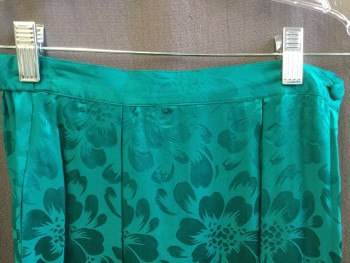 Womens, 1990s Vintage, Suit, Skirt, ARGENTI  PETITES, Teal Green, Silk, Floral, 24, 2, Jacquard, 1.25" Waistband Front & Elastic Back, Large Pleats, Side Zip and 1 Self Cover Button