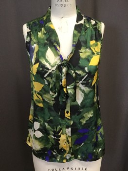 Womens, Shell, SUNNY LEIGH, Dk Green, Green, Yellow, Blue, Cream, Polyester, Leaves/Vines , L, Large Abstract Leaf Print, Button Front, Sleeveless, Smocking at Front Shoulders, Attached Self Tie at Neck